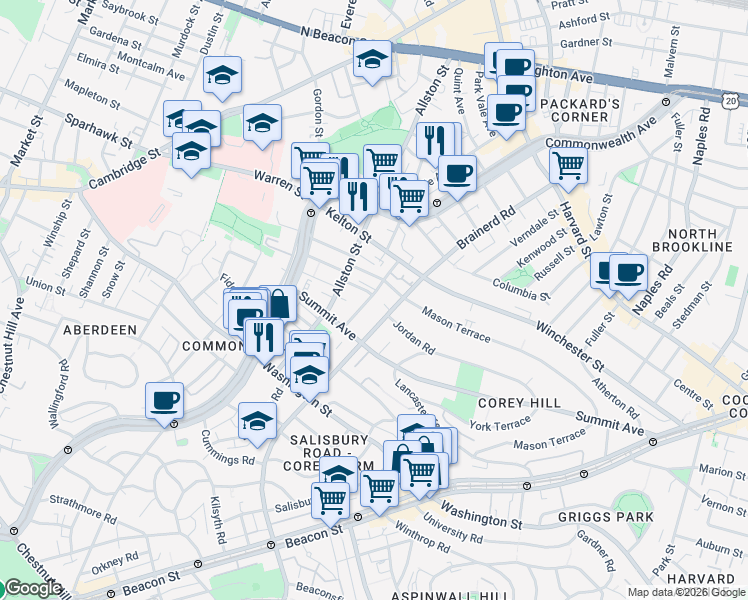 map of restaurants, bars, coffee shops, grocery stores, and more near 246 Corey Road in Boston