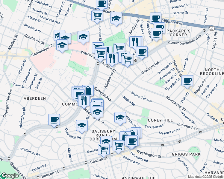 map of restaurants, bars, coffee shops, grocery stores, and more near 4 Woodstock Avenue in Boston