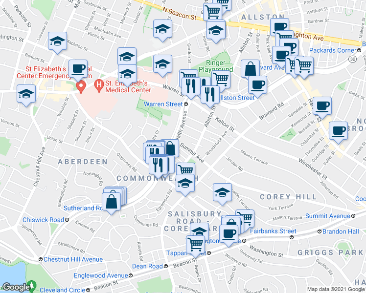map of restaurants, bars, coffee shops, grocery stores, and more near 15 Carol Avenue in Boston