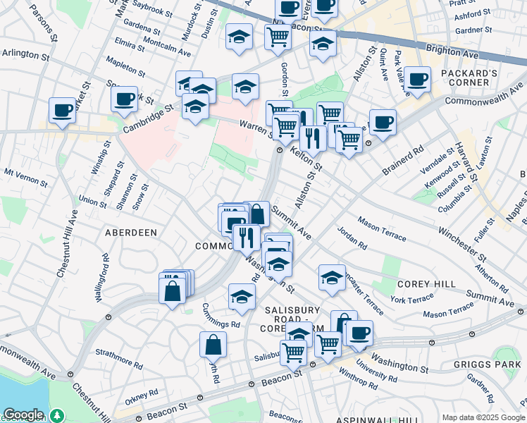 map of restaurants, bars, coffee shops, grocery stores, and more near 1542 Commonwealth Avenue in Boston