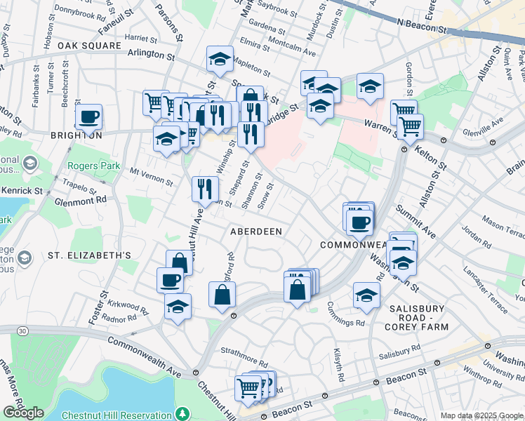 map of restaurants, bars, coffee shops, grocery stores, and more near in Boston
