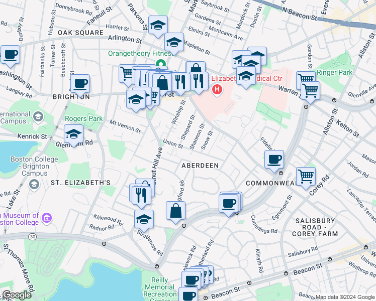 map of restaurants, bars, coffee shops, grocery stores, and more near 30 Blenford Road in Boston