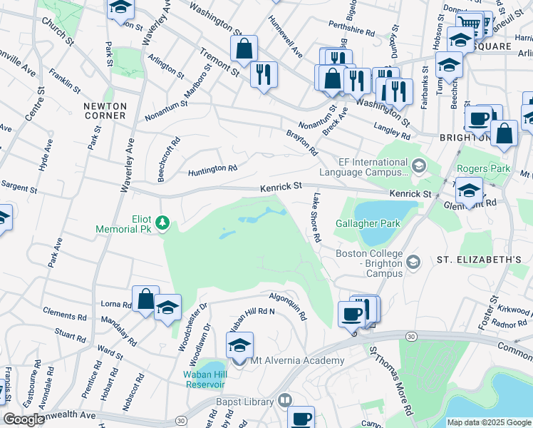 map of restaurants, bars, coffee shops, grocery stores, and more near 236 Kenrick Street in Newton