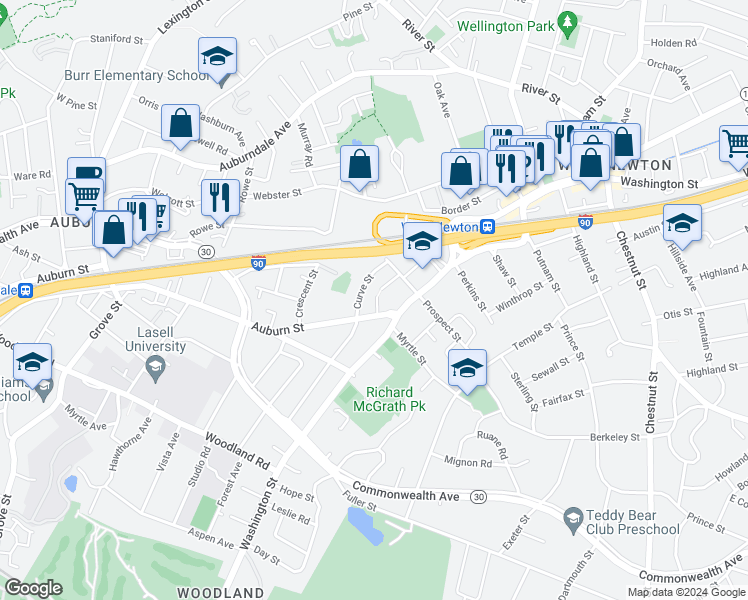 map of restaurants, bars, coffee shops, grocery stores, and more near 1545 Washington Street in Newton