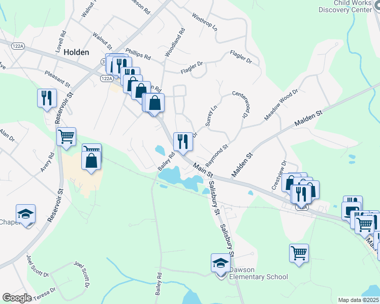 map of restaurants, bars, coffee shops, grocery stores, and more near 985 Main Street in Holden
