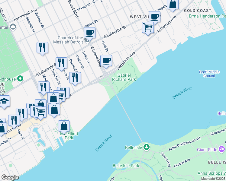 map of restaurants, bars, coffee shops, grocery stores, and more near in Detroit