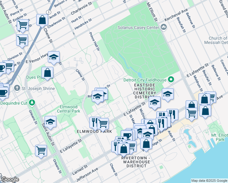 map of restaurants, bars, coffee shops, grocery stores, and more near 1601 Robert Bradby Drive in Detroit