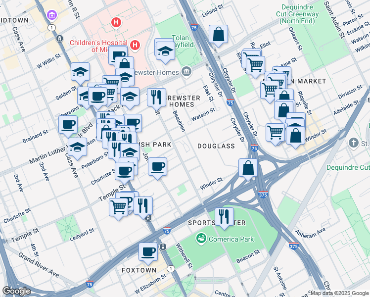 map of restaurants, bars, coffee shops, grocery stores, and more near 2832 Brush Street in Detroit