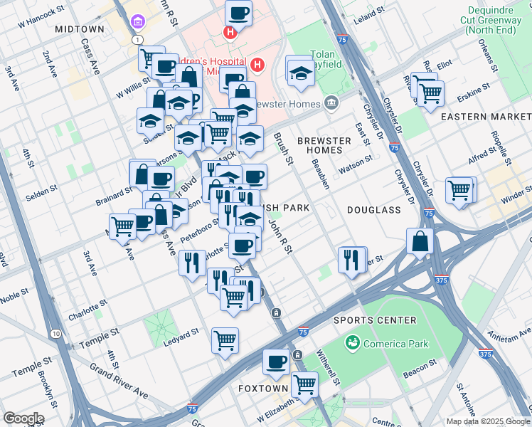 map of restaurants, bars, coffee shops, grocery stores, and more near in Detroit