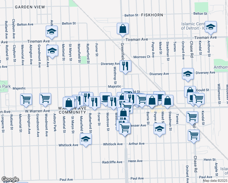 map of restaurants, bars, coffee shops, grocery stores, and more near 7235 Winthrop Street in Detroit