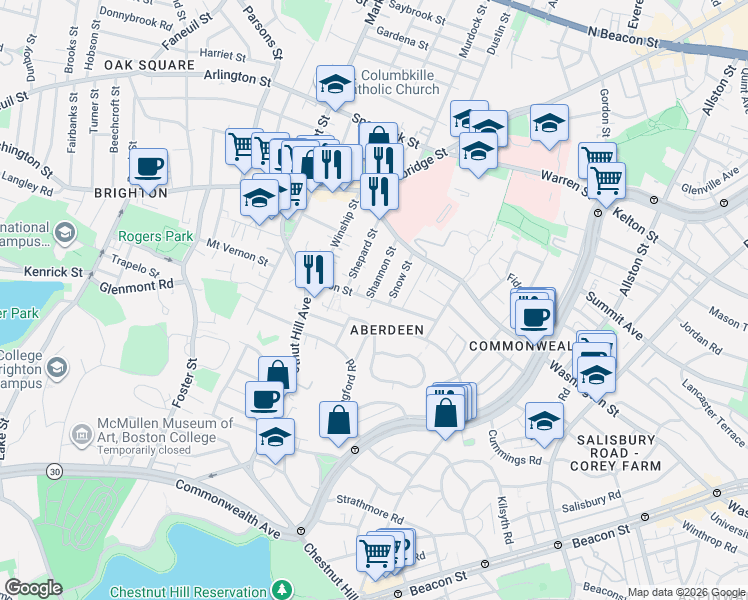 map of restaurants, bars, coffee shops, grocery stores, and more near in Boston