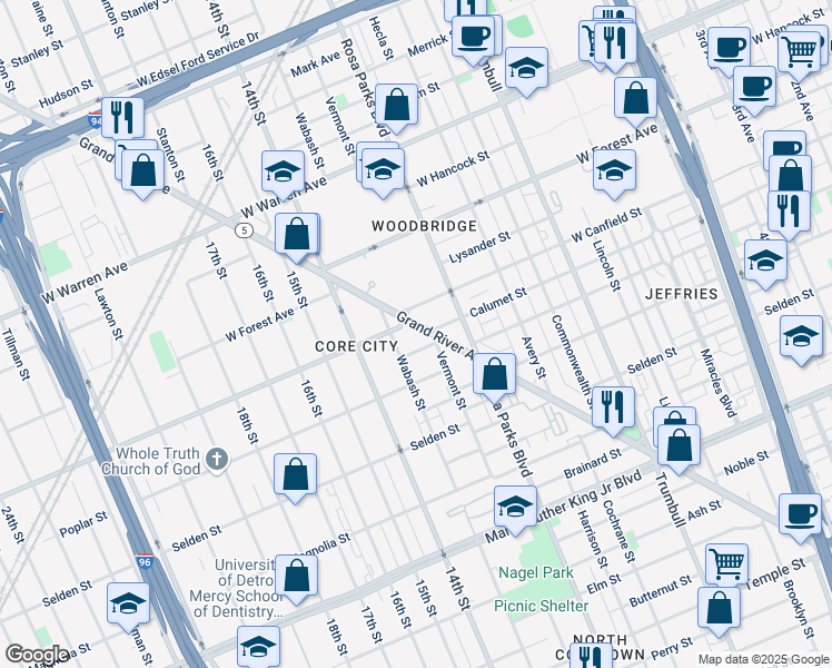 map of restaurants, bars, coffee shops, grocery stores, and more near 2036 Calumet Street in Detroit