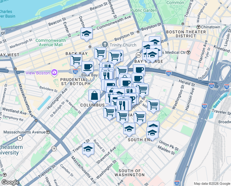 map of restaurants, bars, coffee shops, grocery stores, and more near 67 Dartmouth Street in Boston