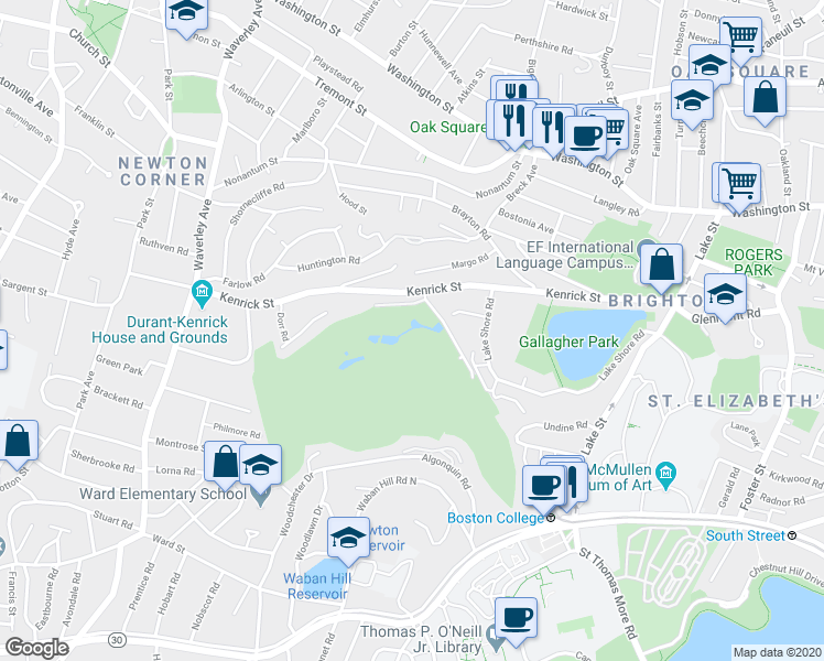 map of restaurants, bars, coffee shops, grocery stores, and more near 236 Kenrick Street in Newton