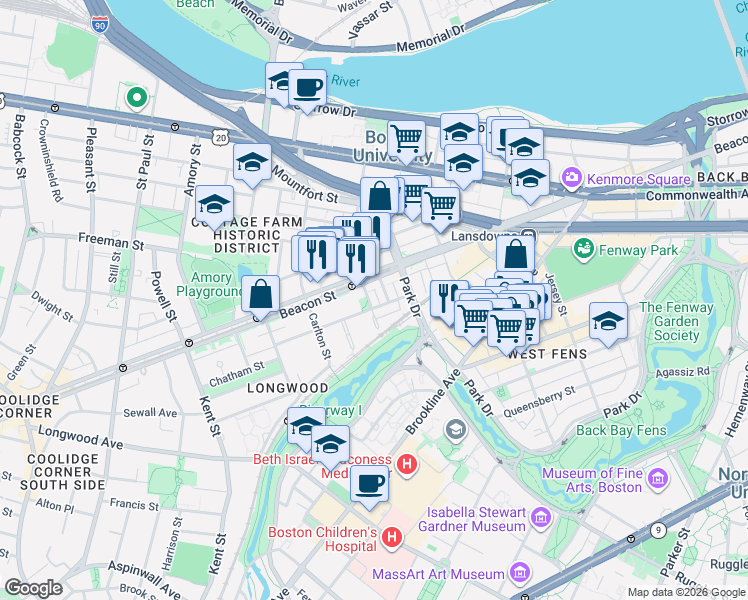 map of restaurants, bars, coffee shops, grocery stores, and more near 34 Medfield Street in Boston