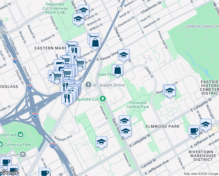 map of restaurants, bars, coffee shops, grocery stores, and more near 2053 Hyde Park Drive in Detroit