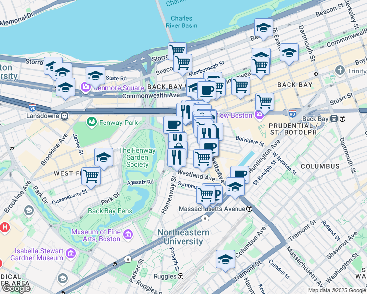 map of restaurants, bars, coffee shops, grocery stores, and more near 56-60 Hemenway Street in Boston