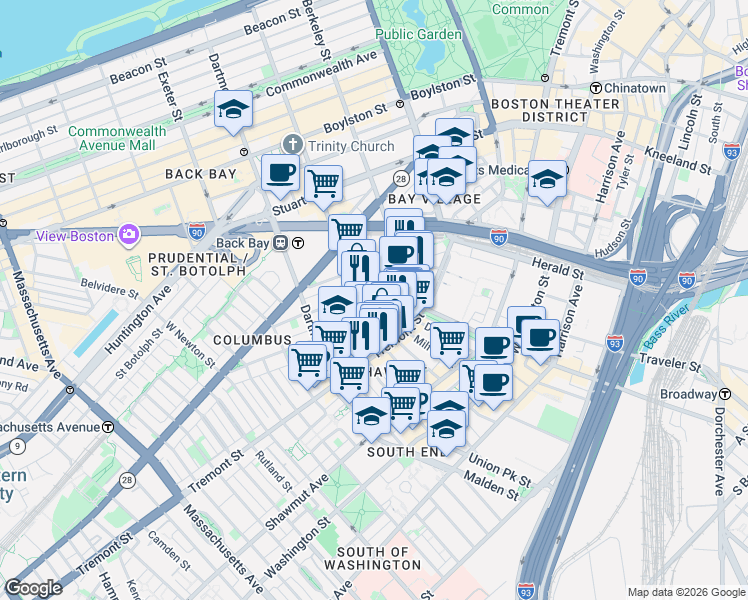 map of restaurants, bars, coffee shops, grocery stores, and more near 34 Warren Avenue in Boston