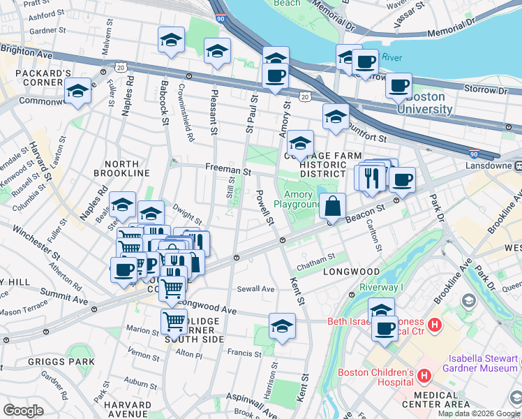 map of restaurants, bars, coffee shops, grocery stores, and more near 21 Powell Street in Brookline