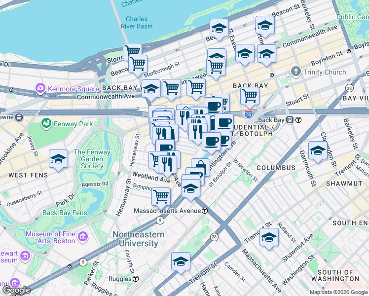 map of restaurants, bars, coffee shops, grocery stores, and more near 41 Clearway Street in Boston