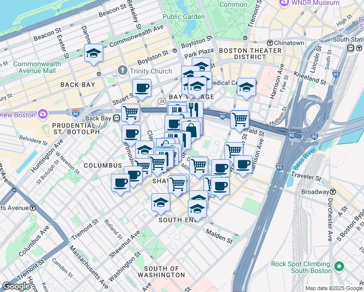 map of restaurants, bars, coffee shops, grocery stores, and more near 19 Berkeley Street in Boston