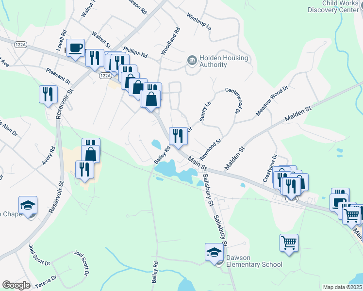 map of restaurants, bars, coffee shops, grocery stores, and more near 11-15 Mayo Drive in Holden