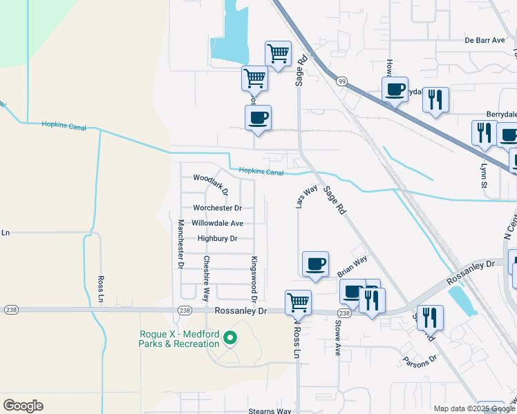 map of restaurants, bars, coffee shops, grocery stores, and more near 2065 Lars Way in Medford