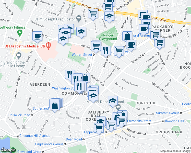 map of restaurants, bars, coffee shops, grocery stores, and more near 15 Carol Avenue in Boston