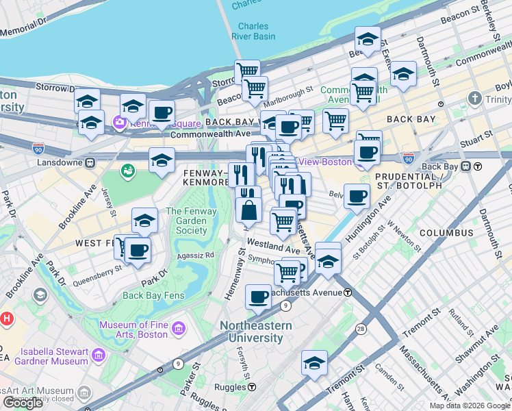 map of restaurants, bars, coffee shops, grocery stores, and more near 56-60 Hemenway Street in Boston