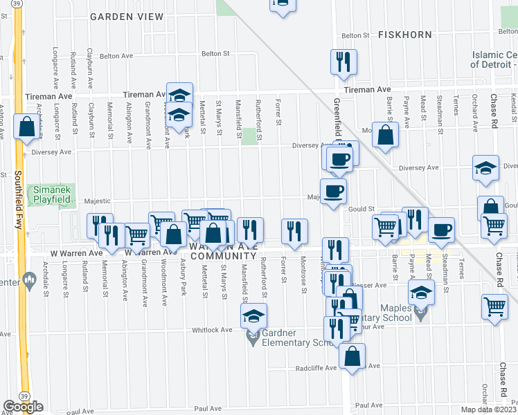 map of restaurants, bars, coffee shops, grocery stores, and more near 7333 Rutherford Street in Detroit