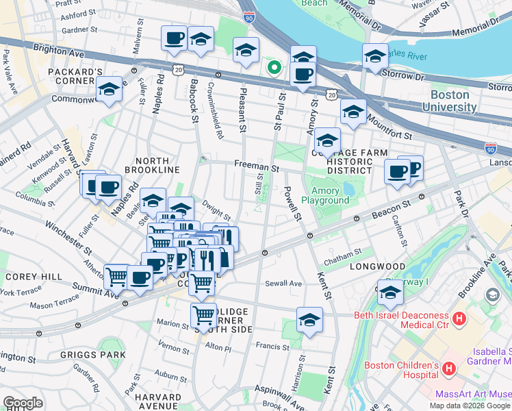 map of restaurants, bars, coffee shops, grocery stores, and more near 46 Browne Street in Brookline