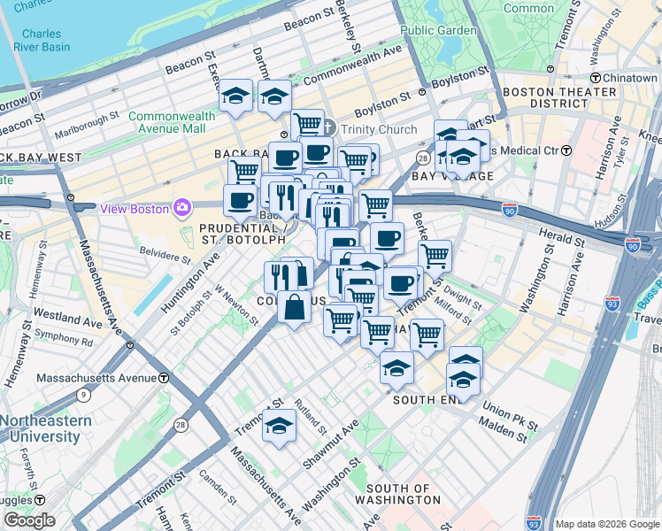 map of restaurants, bars, coffee shops, grocery stores, and more near 376-376A Columbus Avenue in Boston