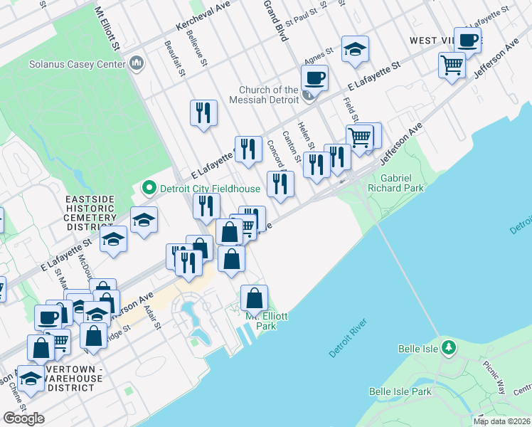 map of restaurants, bars, coffee shops, grocery stores, and more near 6500 East Jefferson Avenue in Detroit