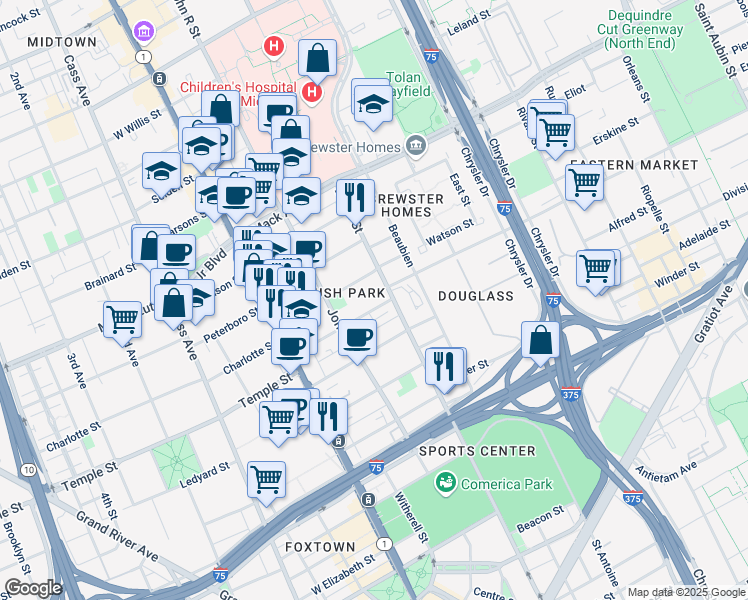 map of restaurants, bars, coffee shops, grocery stores, and more near 291 Edmund Place in Detroit