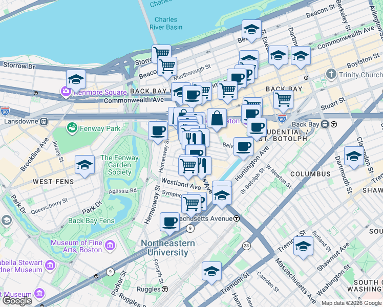 map of restaurants, bars, coffee shops, grocery stores, and more near 1 Norway Street in Boston
