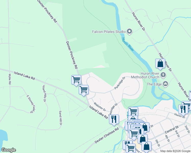 map of restaurants, bars, coffee shops, grocery stores, and more near 8561 Parkridge Drive in Dexter