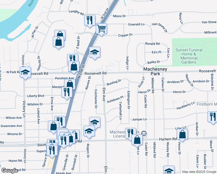 map of restaurants, bars, coffee shops, grocery stores, and more near 1006 Knightsbridge Drive in Machesney Park
