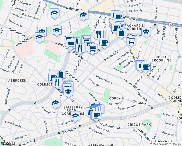 map of restaurants, bars, coffee shops, grocery stores, and more near Corey Rd & Bellvista Rd in Boston