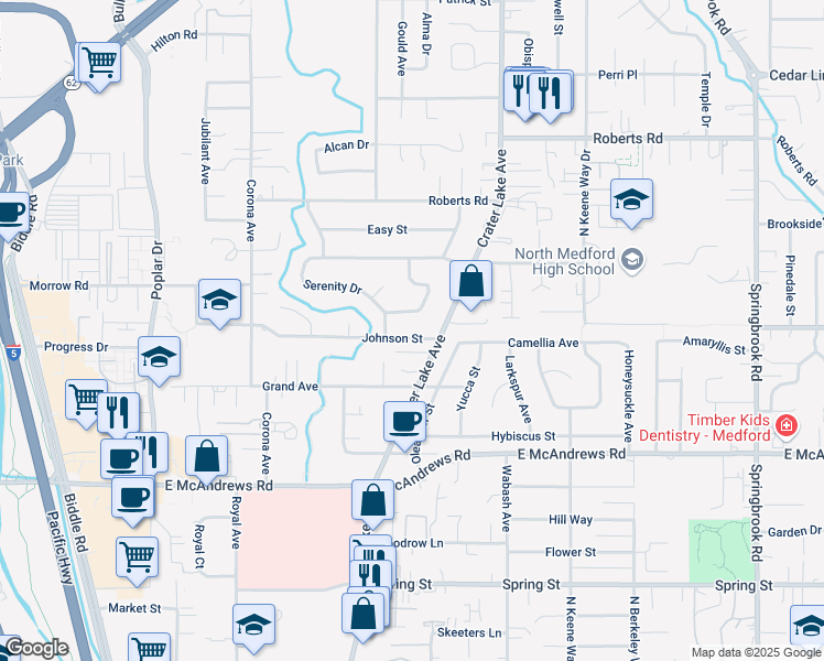 map of restaurants, bars, coffee shops, grocery stores, and more near 1740 Johnson Street in Medford
