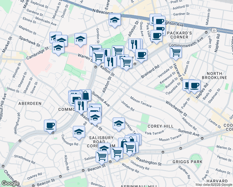 map of restaurants, bars, coffee shops, grocery stores, and more near 246 Corey Road in Boston