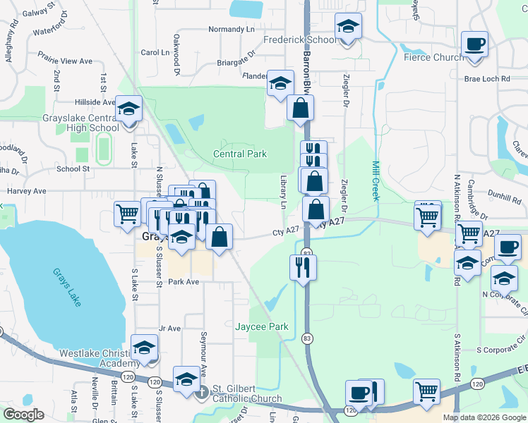 map of restaurants, bars, coffee shops, grocery stores, and more near 50 Library Lane in Grayslake