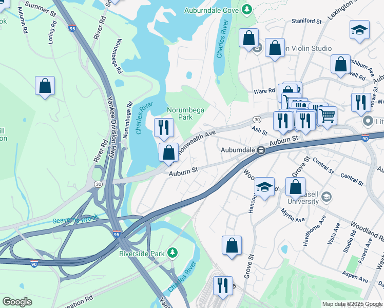 map of restaurants, bars, coffee shops, grocery stores, and more near 2320 Commonwealth Avenue in Newton