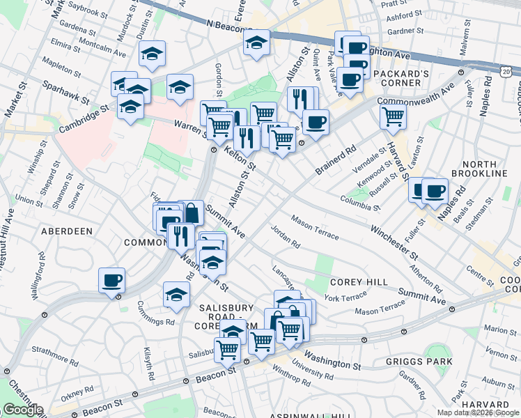 map of restaurants, bars, coffee shops, grocery stores, and more near 35 Woodstock Avenue in Boston