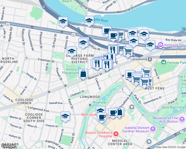 map of restaurants, bars, coffee shops, grocery stores, and more near 46 Carlton Street in Brookline