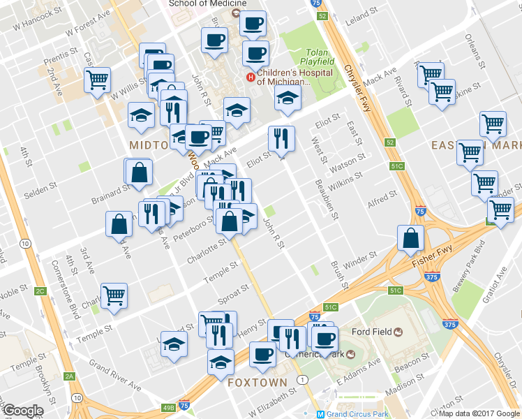 map of restaurants, bars, coffee shops, grocery stores, and more near John R Street & Watson Street in Detroit