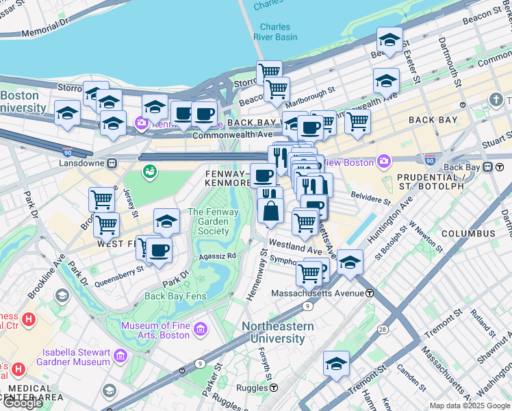 map of restaurants, bars, coffee shops, grocery stores, and more near in Boston