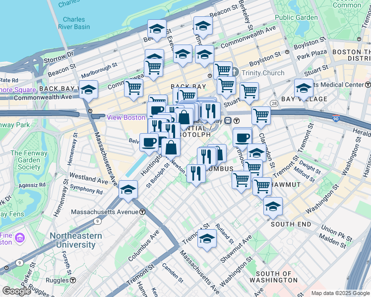 map of restaurants, bars, coffee shops, grocery stores, and more near in Boston
