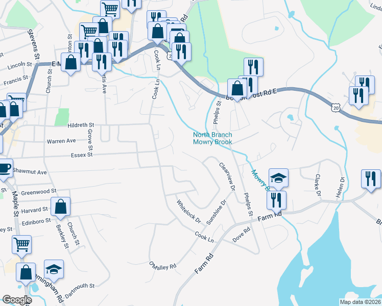 map of restaurants, bars, coffee shops, grocery stores, and more near 175 Roundtop Road in Marlborough