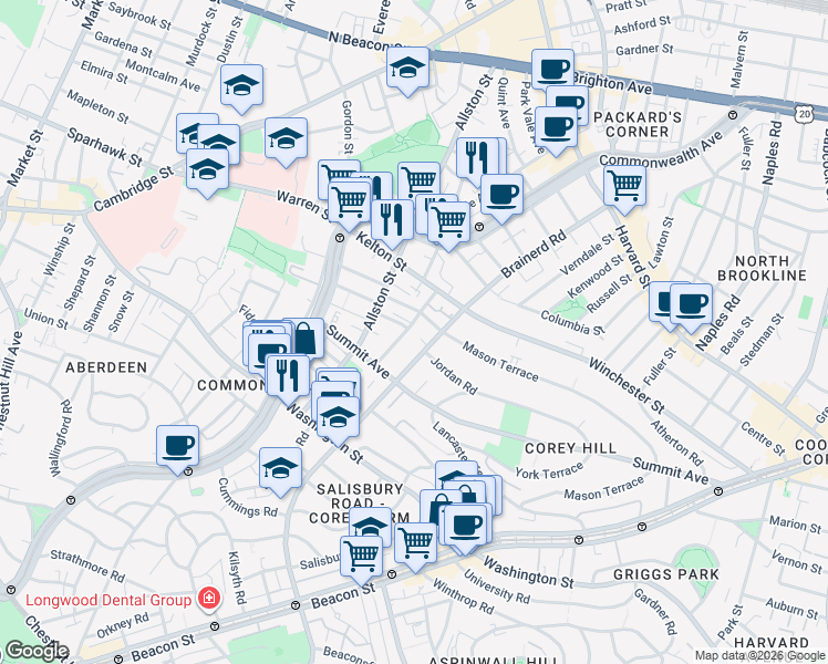 map of restaurants, bars, coffee shops, grocery stores, and more near 246 Corey Road in Boston
