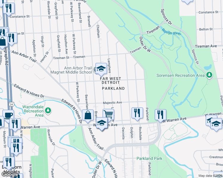 map of restaurants, bars, coffee shops, grocery stores, and more near 7461 Lamphere in Detroit